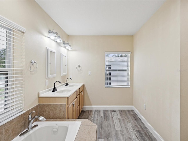 bathroom with wood-type flooring, vanity, and a bathtub