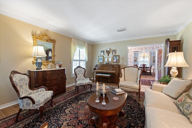 living room featuring wood-type flooring and crown molding