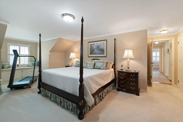 carpeted bedroom featuring ornamental molding