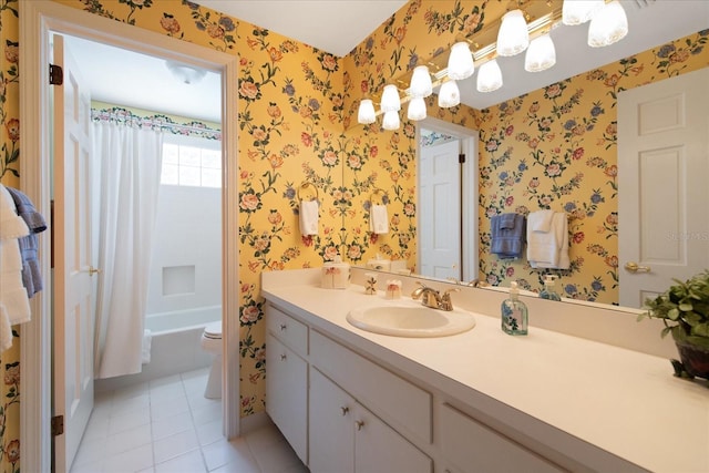 full bath featuring tile patterned floors, vanity, toilet, and wallpapered walls