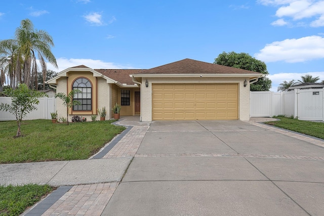 view of front of property featuring a front yard, fence, concrete driveway, a garage, and brick siding