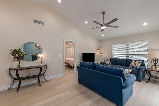 living area featuring visible vents, baseboards, ceiling fan, light wood-type flooring, and recessed lighting