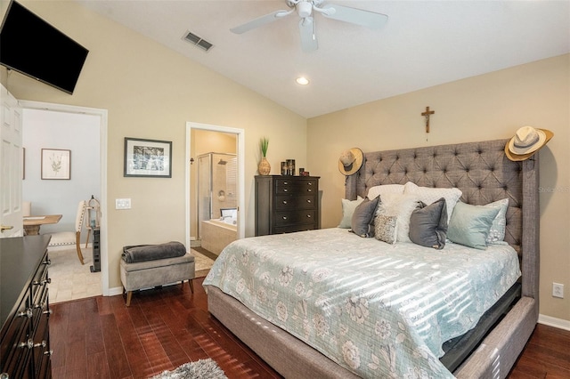 bedroom with baseboards, visible vents, ceiling fan, wood finished floors, and vaulted ceiling