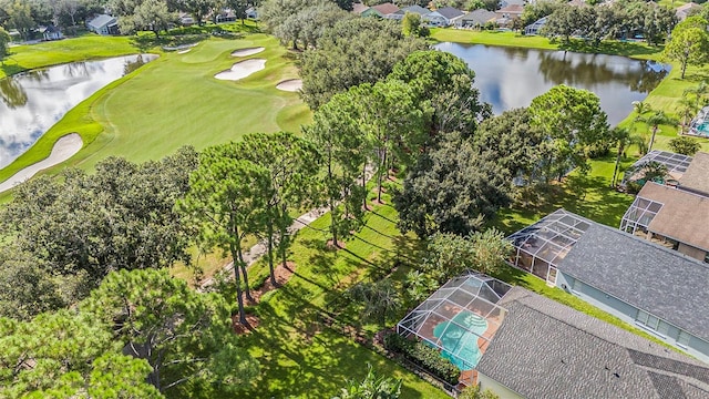 birds eye view of property featuring a water view and golf course view