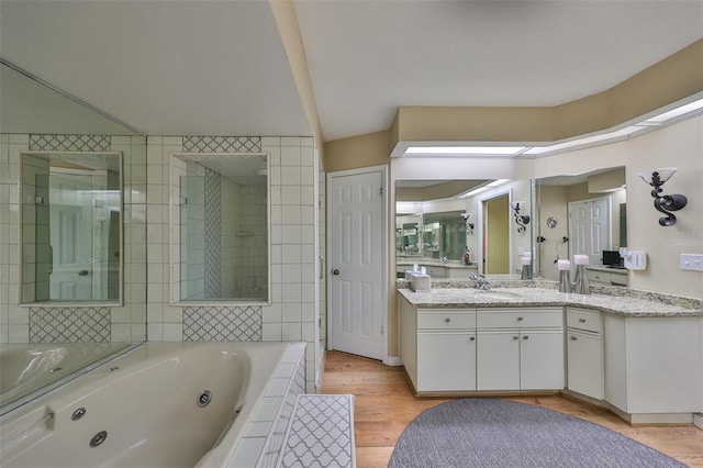 bathroom with vanity, hardwood / wood-style flooring, and independent shower and bath