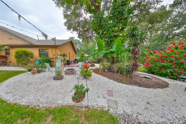 view of yard with an outdoor fire pit and a patio