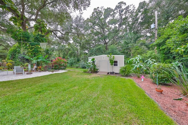 view of yard with a storage unit and a patio area