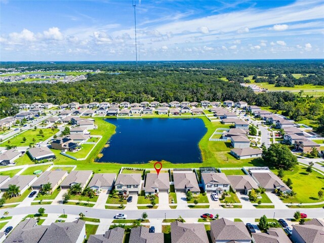 drone / aerial view featuring a water view