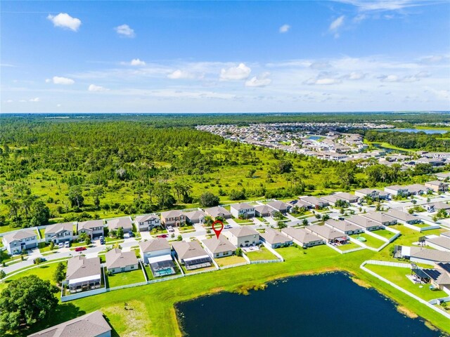 drone / aerial view featuring a water view