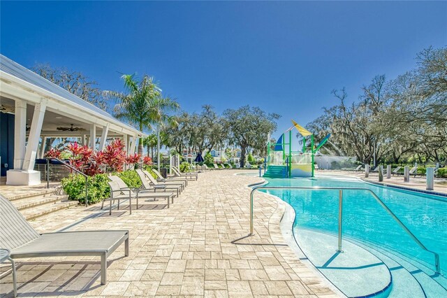 view of pool featuring ceiling fan and a patio area