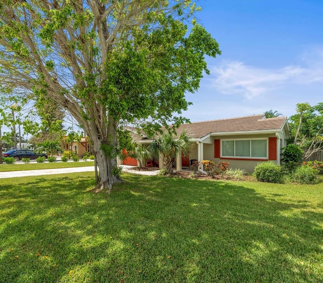 single story home with a front lawn