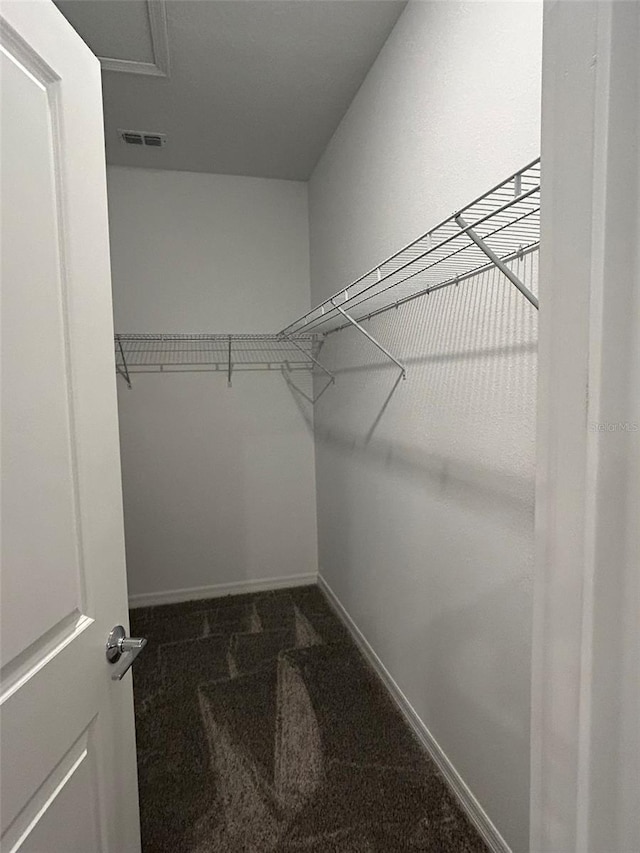 walk in closet featuring dark carpet