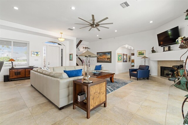 living room with ceiling fan