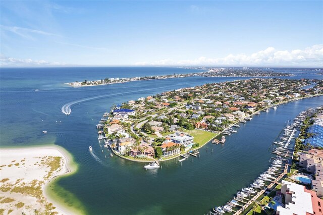 aerial view with a water view and a view of the beach