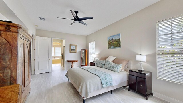 bedroom featuring ceiling fan and light hardwood / wood-style flooring