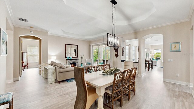 dining space with plenty of natural light, a fireplace, a raised ceiling, and light hardwood / wood-style flooring