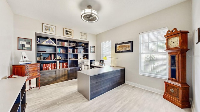 home office with light hardwood / wood-style floors