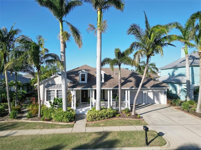 view of front of house with covered porch, a garage, and driveway