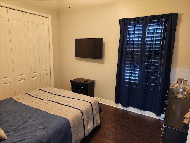 bedroom featuring dark wood-type flooring and a closet