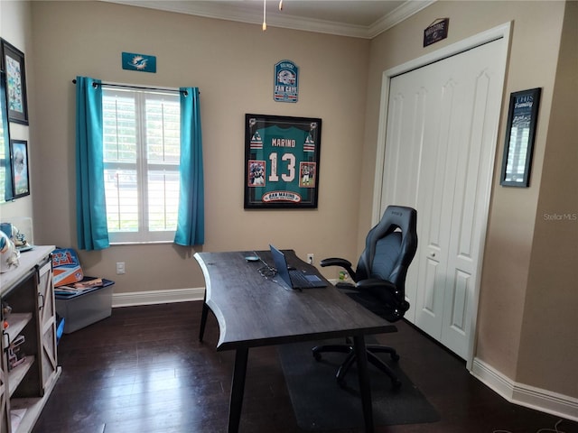 home office with ornamental molding, dark hardwood / wood-style flooring, and plenty of natural light