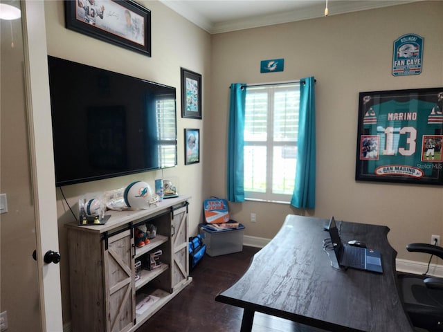 office area featuring dark hardwood / wood-style floors and crown molding