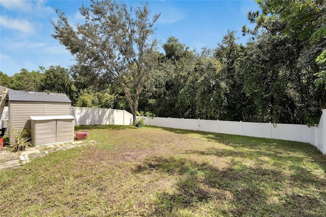 view of yard featuring a storage unit