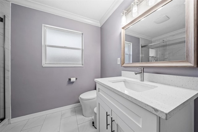bathroom featuring toilet, ornamental molding, a shower stall, baseboards, and vanity