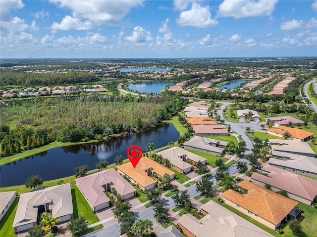 bird's eye view with a water view