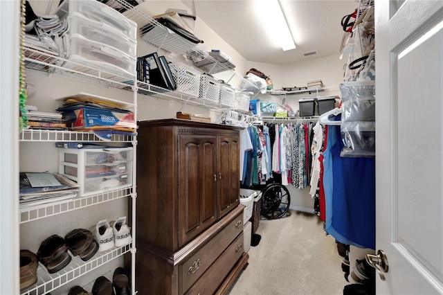 spacious closet featuring light colored carpet