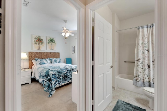 bedroom featuring ceiling fan, visible vents, and carpet flooring