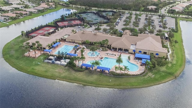 aerial view featuring a water view