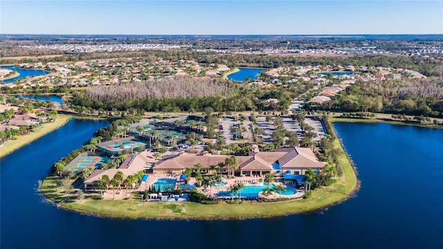 drone / aerial view with a water view