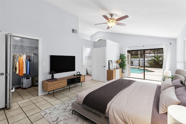 bedroom featuring ceiling fan, access to exterior, light tile patterned floors, and high vaulted ceiling