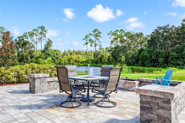 view of patio featuring a water view