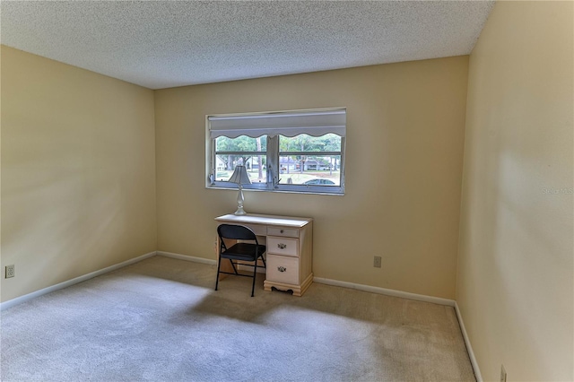 unfurnished office with light carpet and a textured ceiling