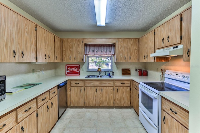 kitchen featuring appliances with stainless steel finishes, a textured ceiling, sink, exhaust hood, and light tile patterned floors