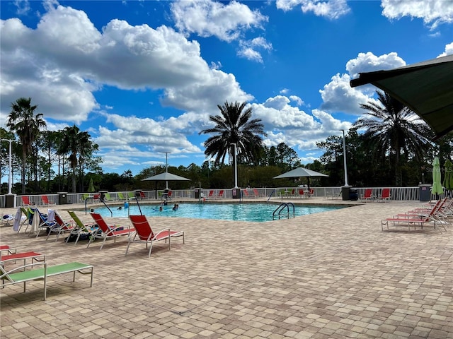 view of swimming pool featuring a patio area