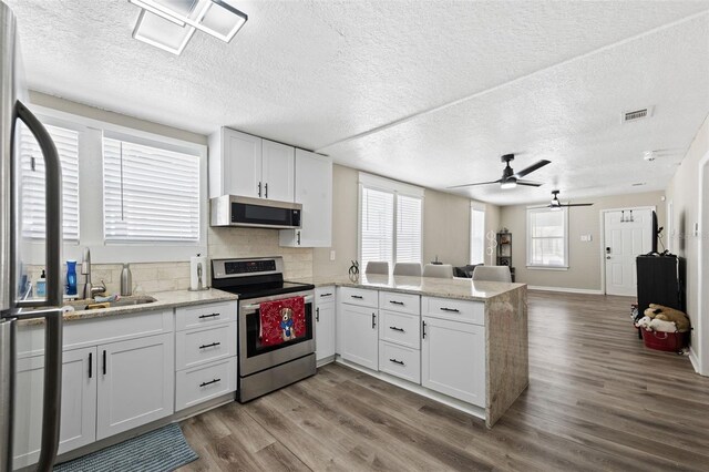 kitchen featuring white cabinetry, stainless steel appliances, wood-type flooring, kitchen peninsula, and ceiling fan