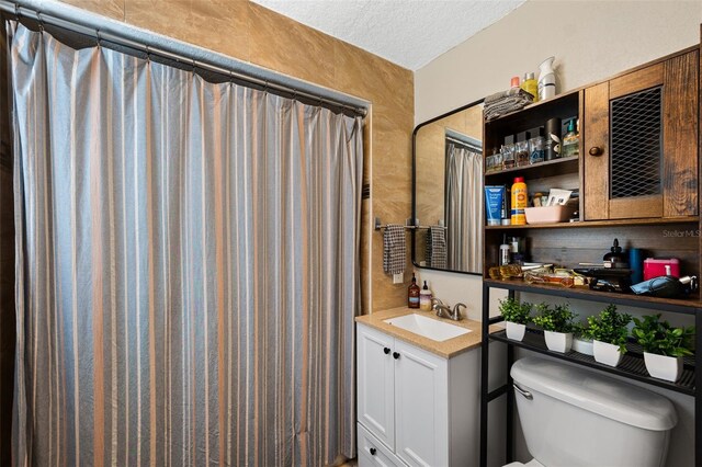 bathroom with vanity, toilet, and a textured ceiling