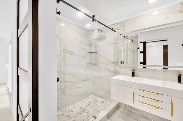 bathroom featuring vanity and walk in shower