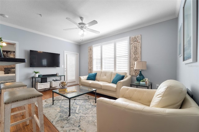 living room with ceiling fan, a textured ceiling, wood-type flooring, and ornamental molding