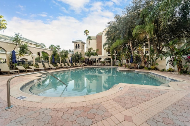 view of swimming pool with a patio