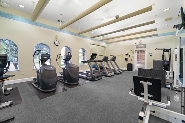 exercise room featuring ceiling fan