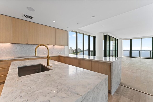 kitchen with backsplash, sink, light stone countertops, expansive windows, and a water view