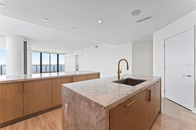 kitchen with a center island with sink, sink, light stone countertops, light wood-type flooring, and a water view