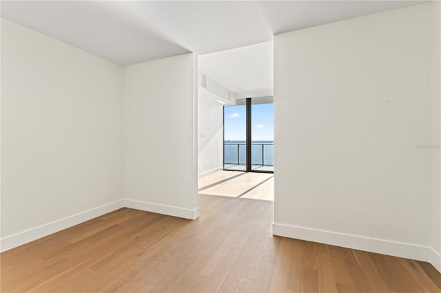 empty room with a water view, light hardwood / wood-style floors, and floor to ceiling windows