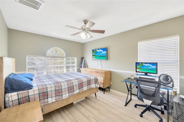 bedroom with ceiling fan and light hardwood / wood-style floors