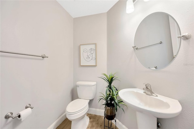 bathroom with wood-type flooring, toilet, and sink