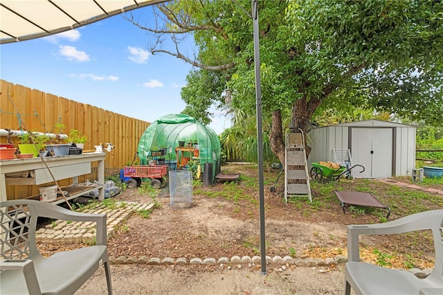 view of yard with a storage shed