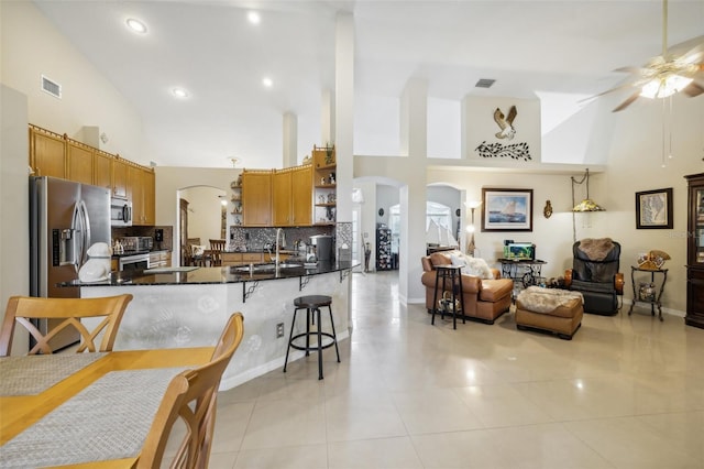 interior space featuring high vaulted ceiling, sink, and ceiling fan